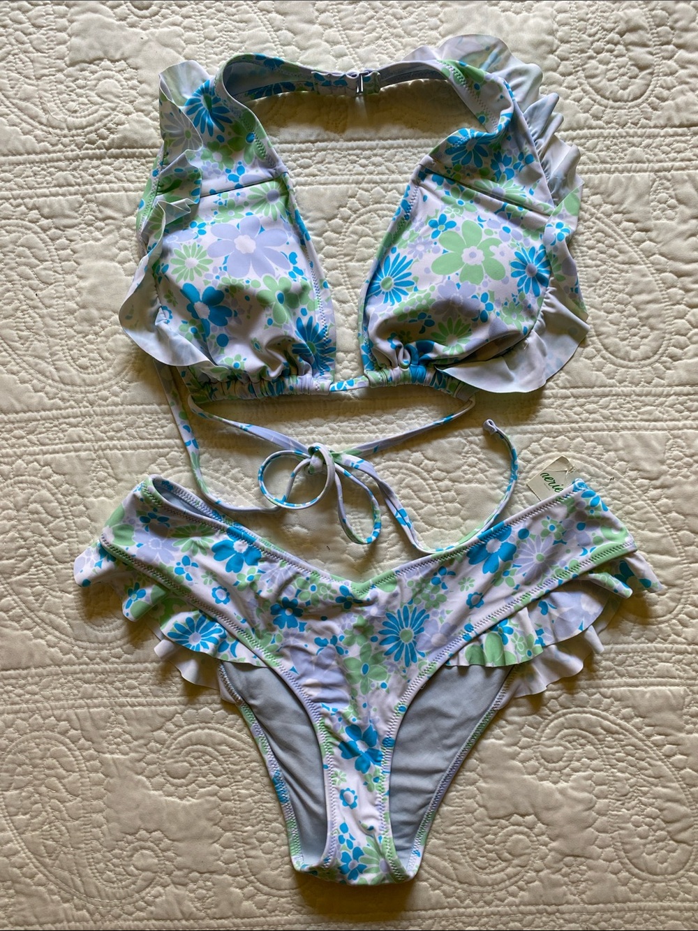 aerie Blue Green White Floral Ruffle Halter Bikini Set
